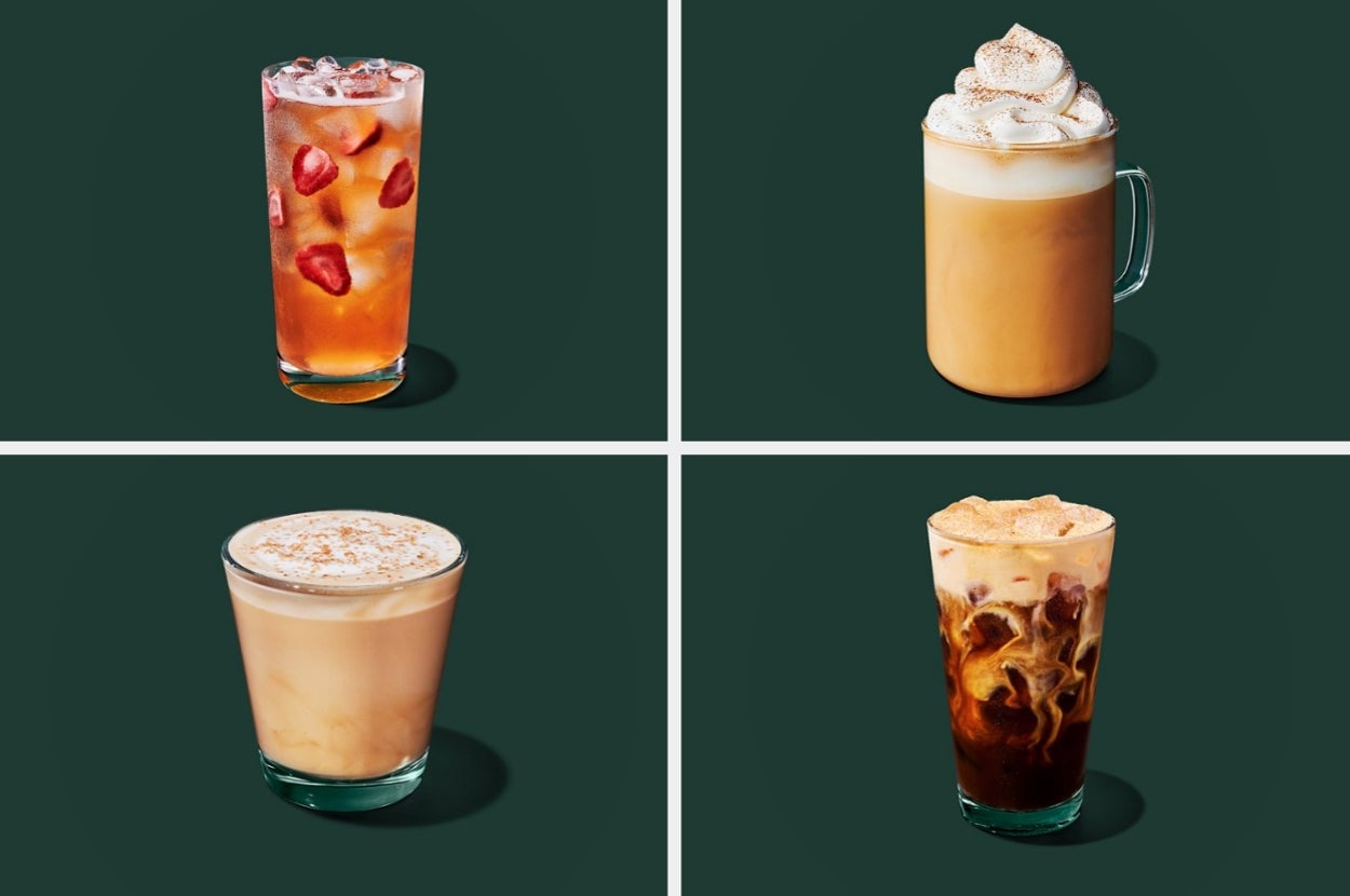 Four different iced coffee drinks are displayed against a plain background, each with a unique topping or garnish