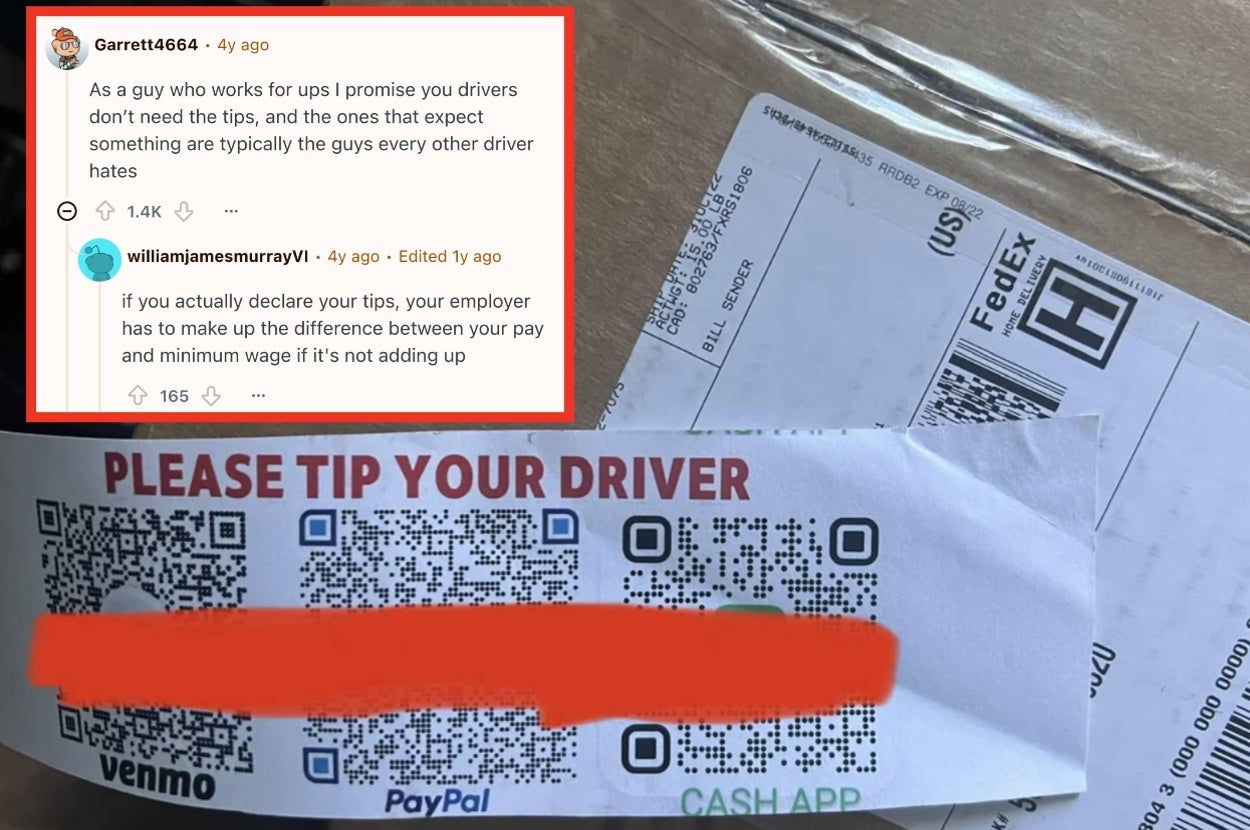 Text conversation on tipping delivery drivers next to a QR code flyer asking for tips. A FedEx package is visible in the background