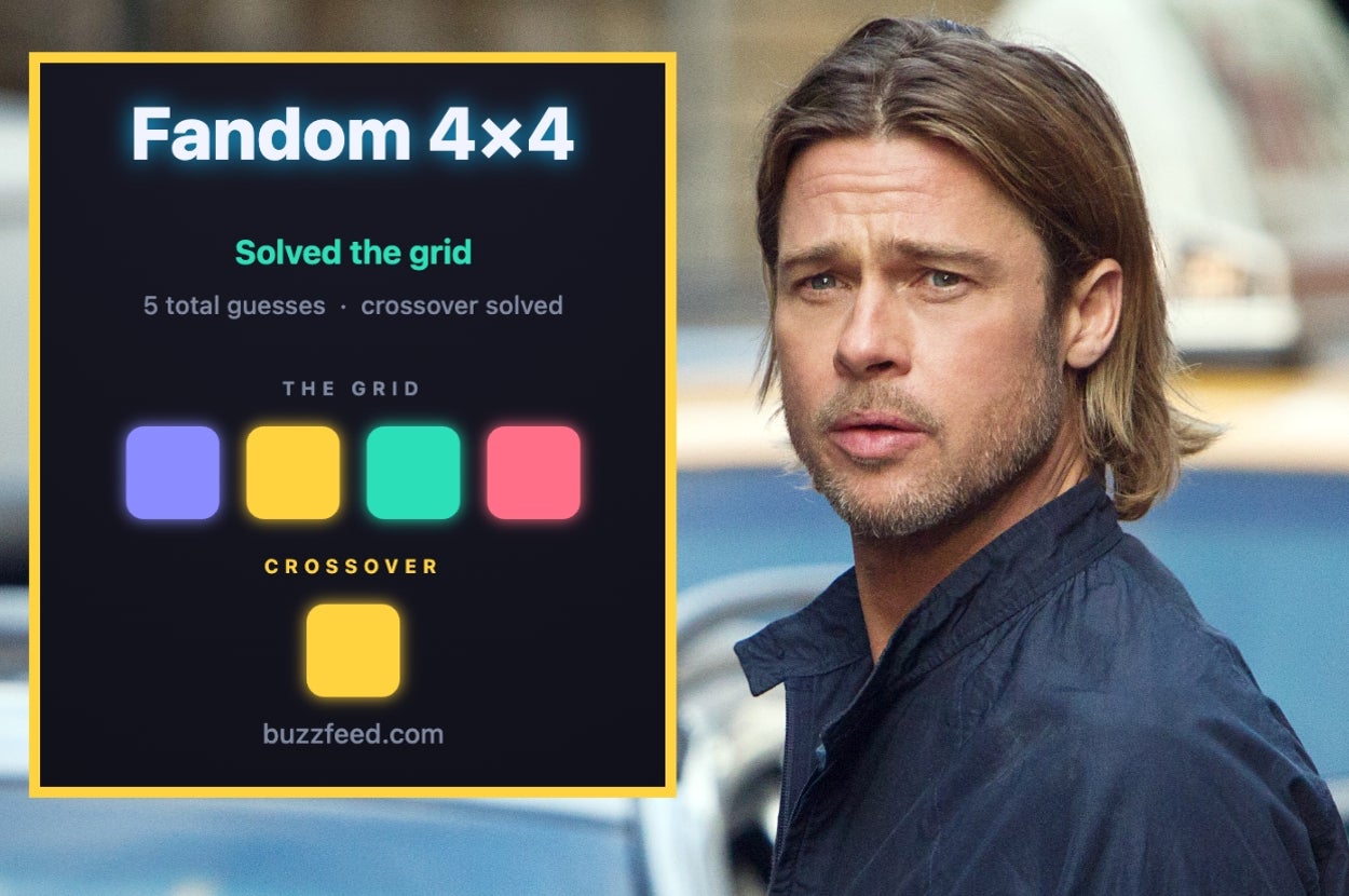 Person by a car appears next to a BuzzFeed "Fandom 4x4" game grid showing it was solved in 5 guesses