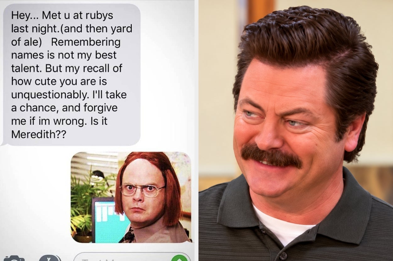 A person looks at a humorous text message with a meme of a character from a TV show, asking if the person they met is named Meredith