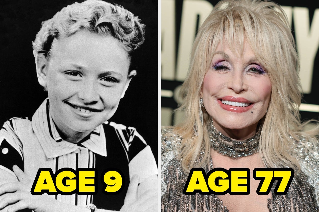 Side-by-side images comparing a person's childhood photo at age 9 and an adult photo at age 77 with styled hair and a sequin dress