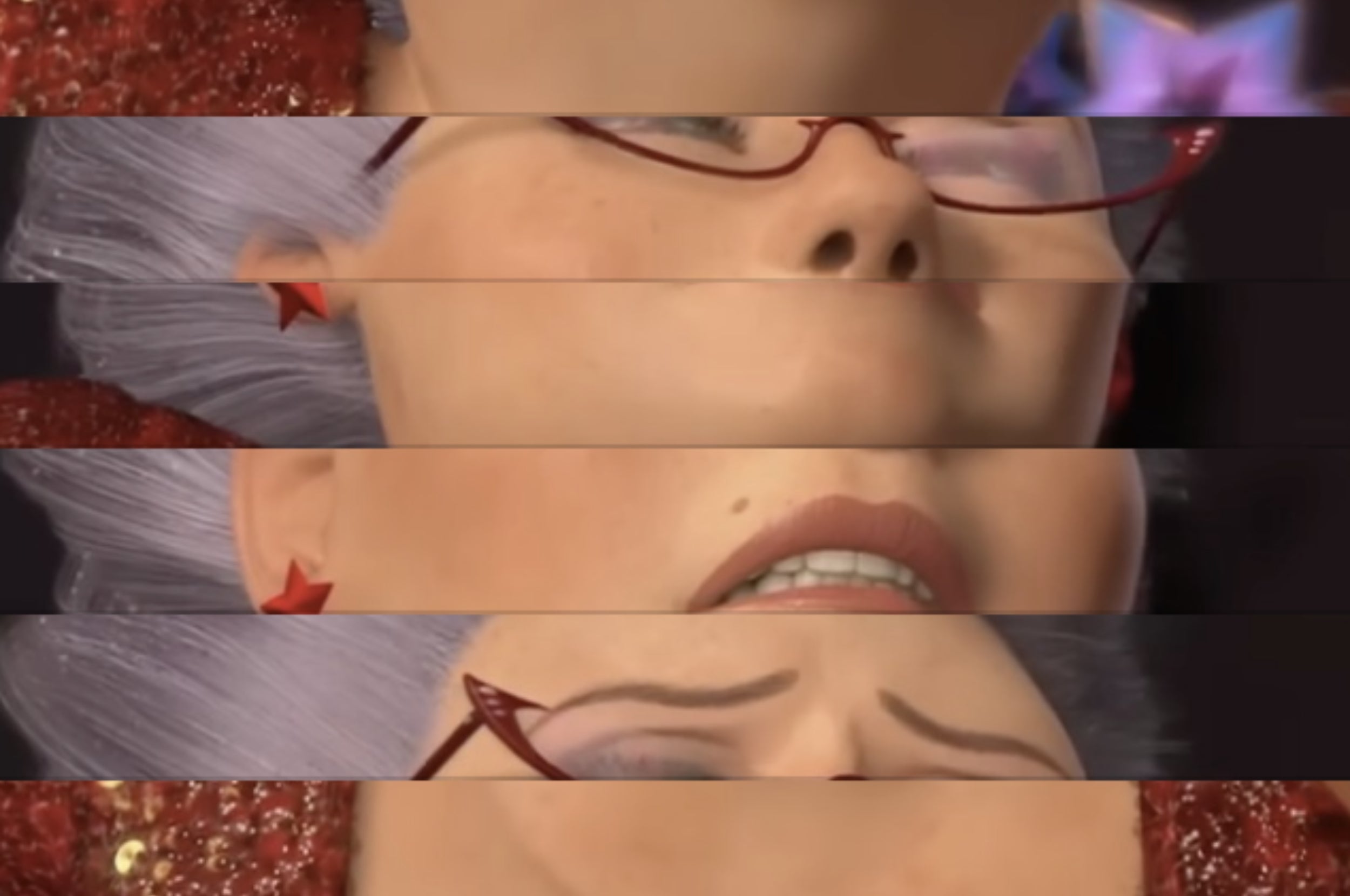 Close-up of an animated character with glasses and a concerned expression, shown in fragmented horizontal strips