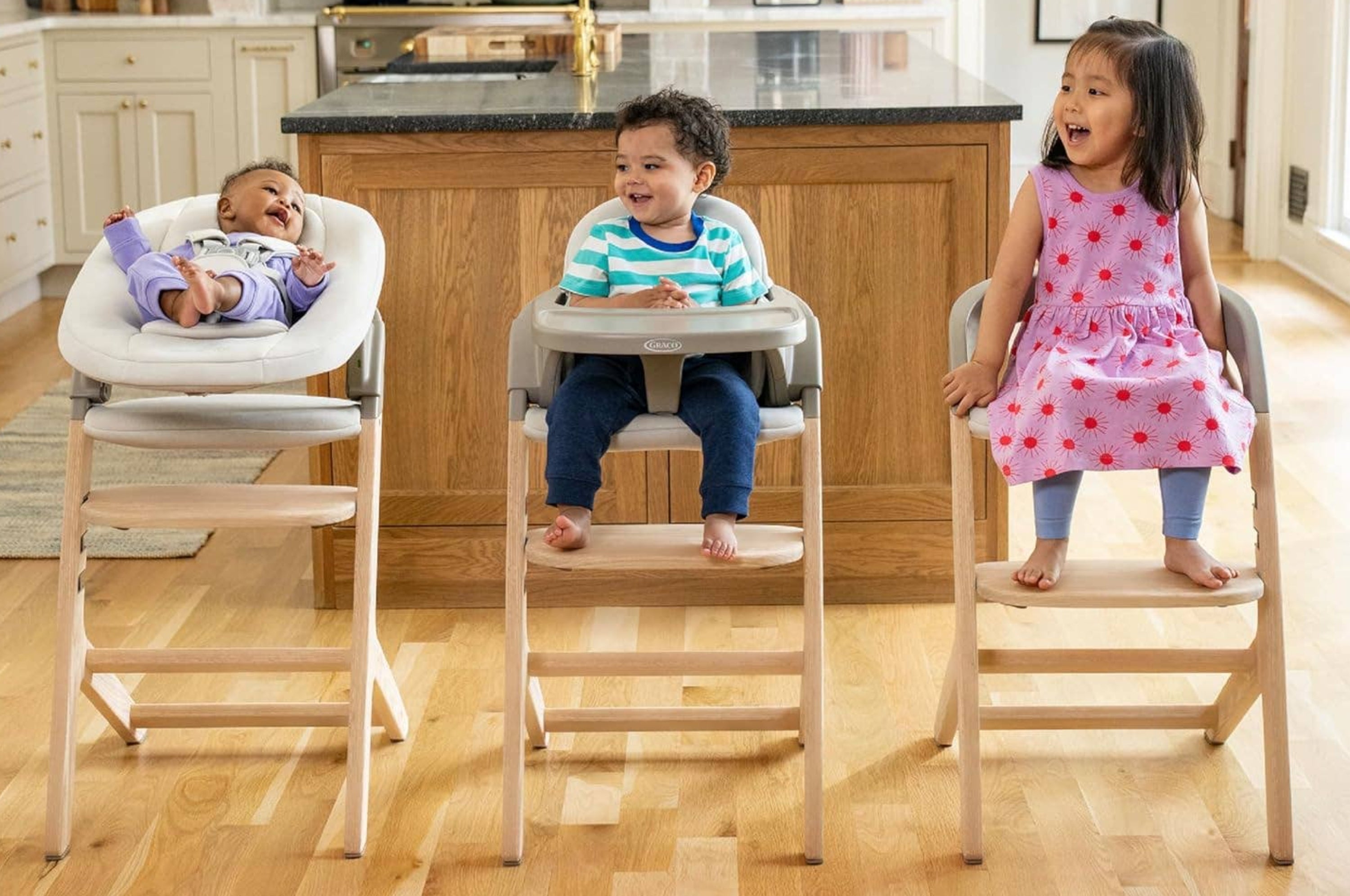 A newborn, an older baby, and a toddler each sit in their three respective ways the one high chair converts