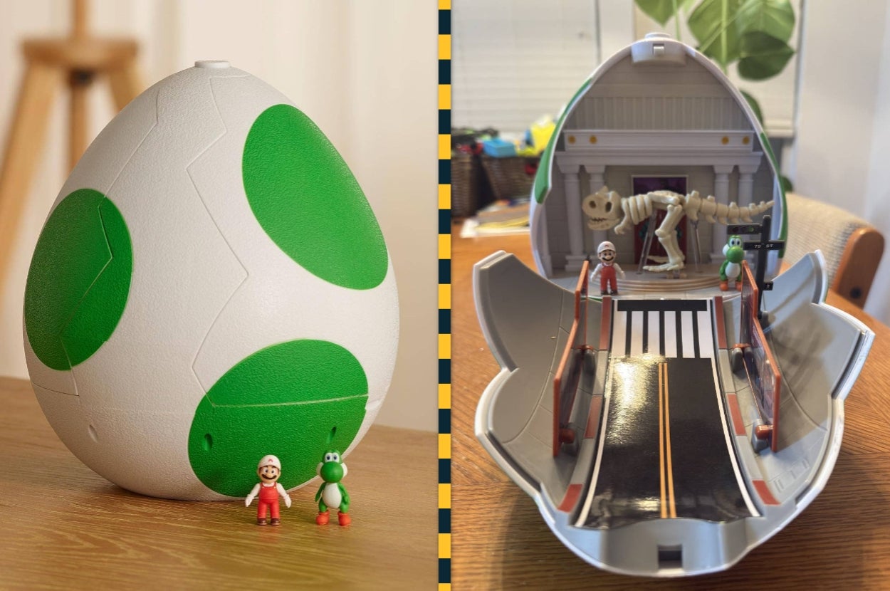Large egg-shaped toy with green spots, opens to reveal Mario-themed playset with figurines and skeleton dinosaur, suitable for fan collections