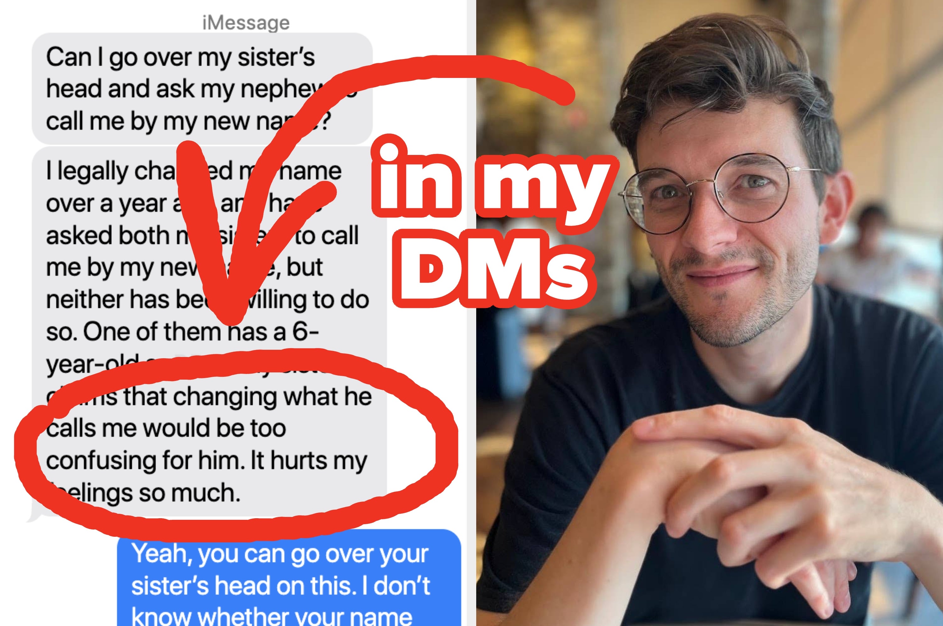 A text message describes someone's struggle to have their preferred name used by family, including a highlighted portion about confusion and feelings