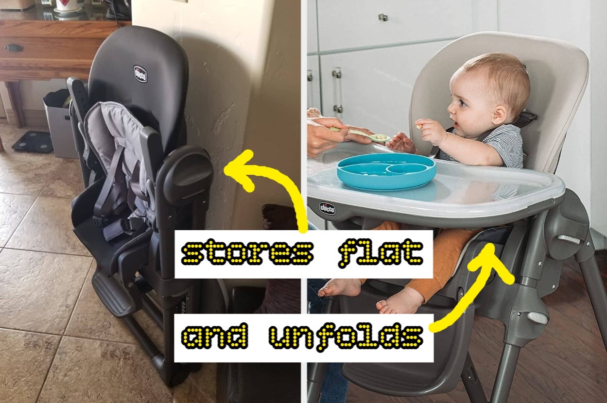 High chair shown folded against a wall. Another image of a baby in the same high chair in use, with text: "stores flat and unfolds."