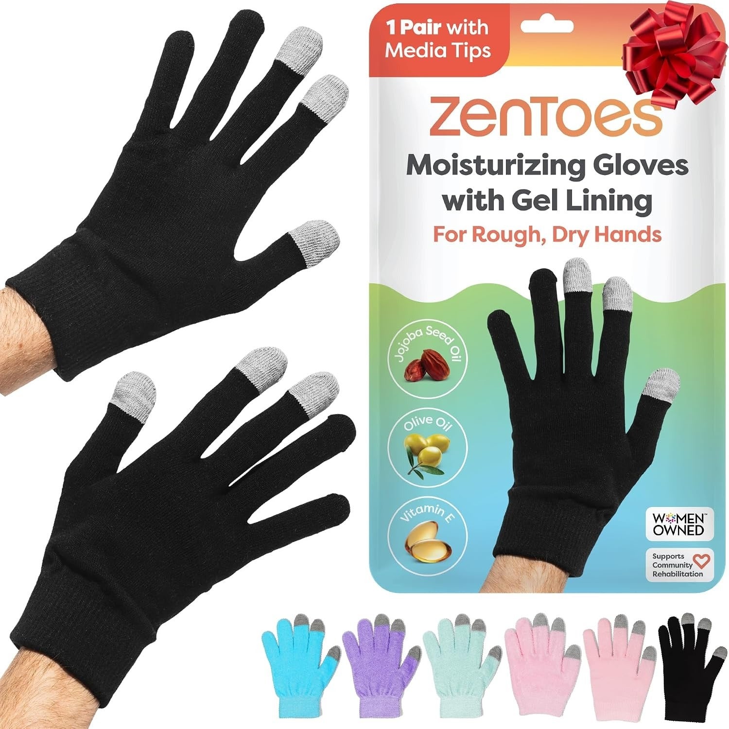ZenToes moisturizing gloves with gel lining for rough, adust hands. Includes media tips. Assorted colors shown, merchandise bundle connected right