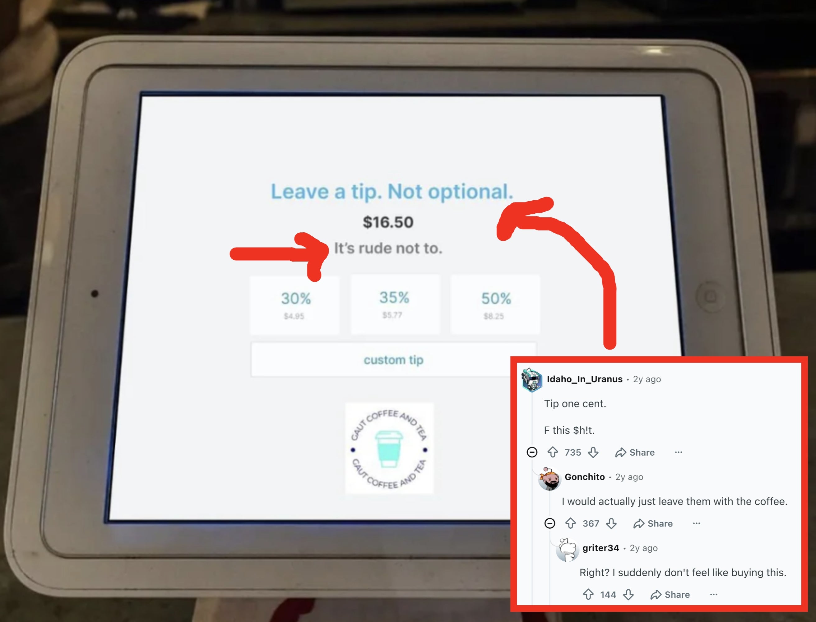 Tablet displaying a tipping screen with options for 30%, 35%, 50%, and a custom tip for a $16.50 bill. Message: "Leave a tip. Not optional."
