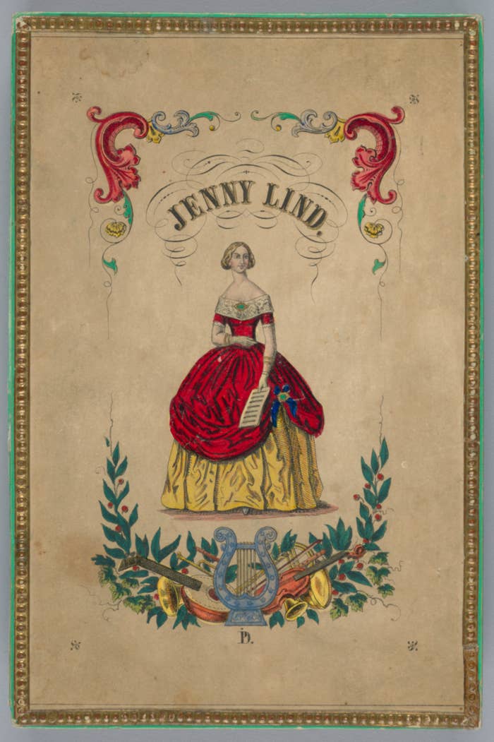 Vintage illustration of Jenny Lind holding expanse  music, framed by ornate patterns and a decorative lyre astatine  the bottom