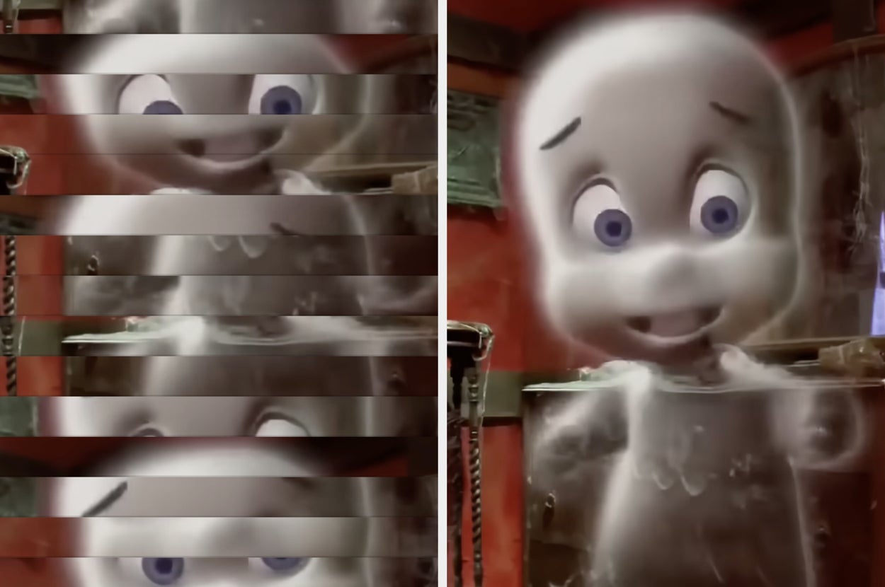 A cheerful ghostly character is in a game setting, appearing partially pixelated on the left side, with clearer features on the right