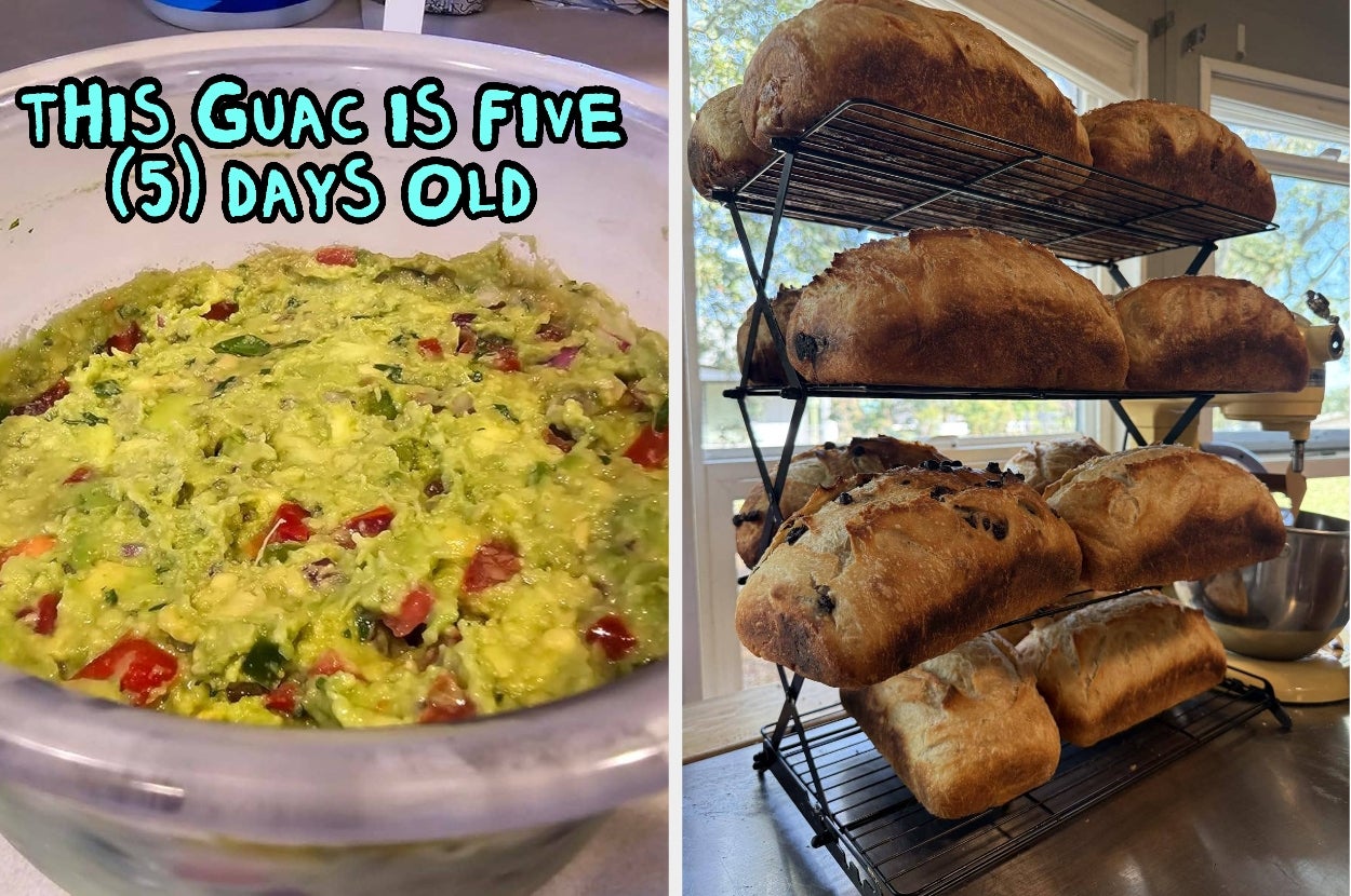 Left: Guacamole with text saying it's five days old. Right: Freshly baked loaves on cooling racks