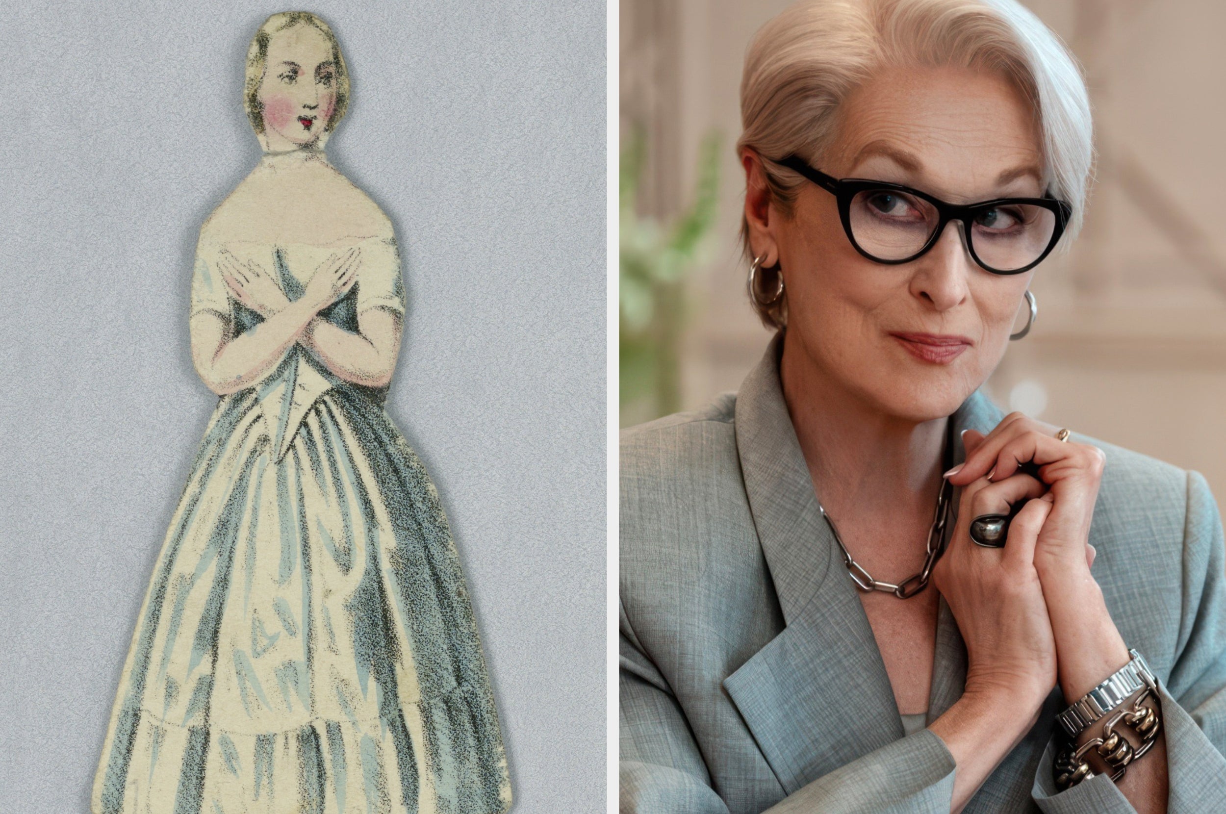 An illustration of a woman in a vintage dress next to a person in glasses wearing a modern, elegant suit, appearing contemplative