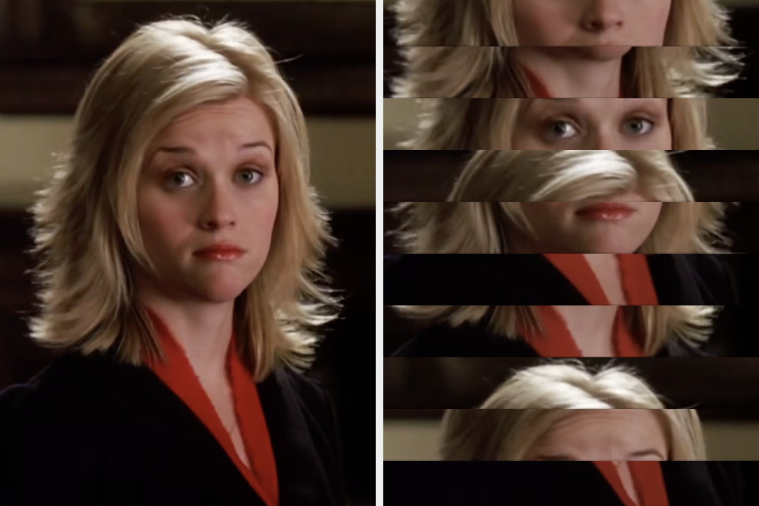 A woman with shoulder-length hair, wearing a black blazer with red trim, shown in a humorous pixelated glitch effect