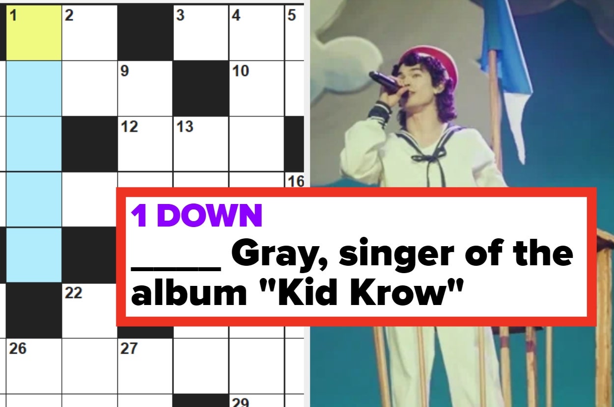 Crossword clue: Singer Gray for album "Kid Krow." Image of person in sailor outfit with microphone