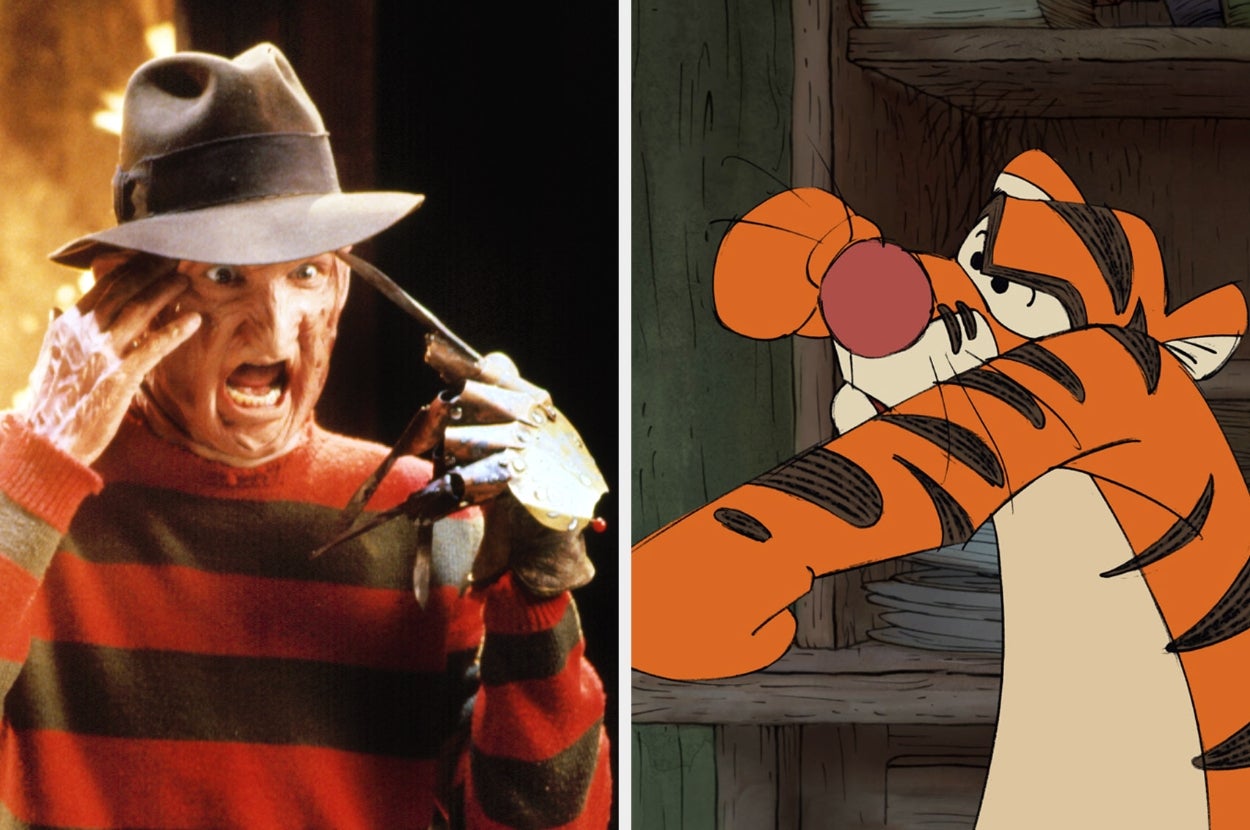 A split image of a movie character with a clawed glove and an animated tiger; both striking playful, surprised poses