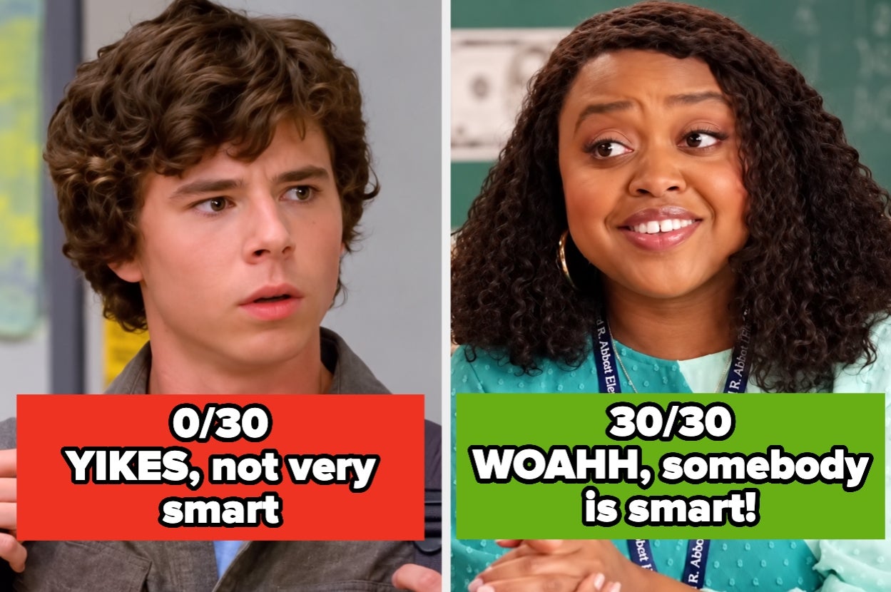 Two people reacting with contrasting expressions to test scores, one showing surprise and the other pleased. Text: "0/30 YIKES, not very smart," "30/30 WOAHH, somebody is smart!"