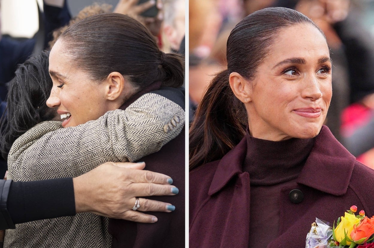 A person with tied-back hair in a coat smiling warmly while hugging someone; in another shot, they hold flowers and look thoughtfully aside