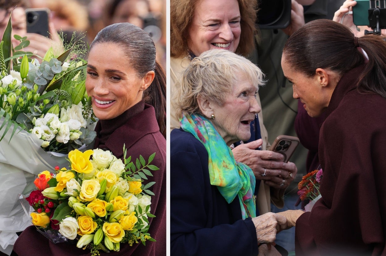 A woman, smiling and holding a bouquet, interacts warmly with an elderly lady in a crowd, engaging in friendly conversation
