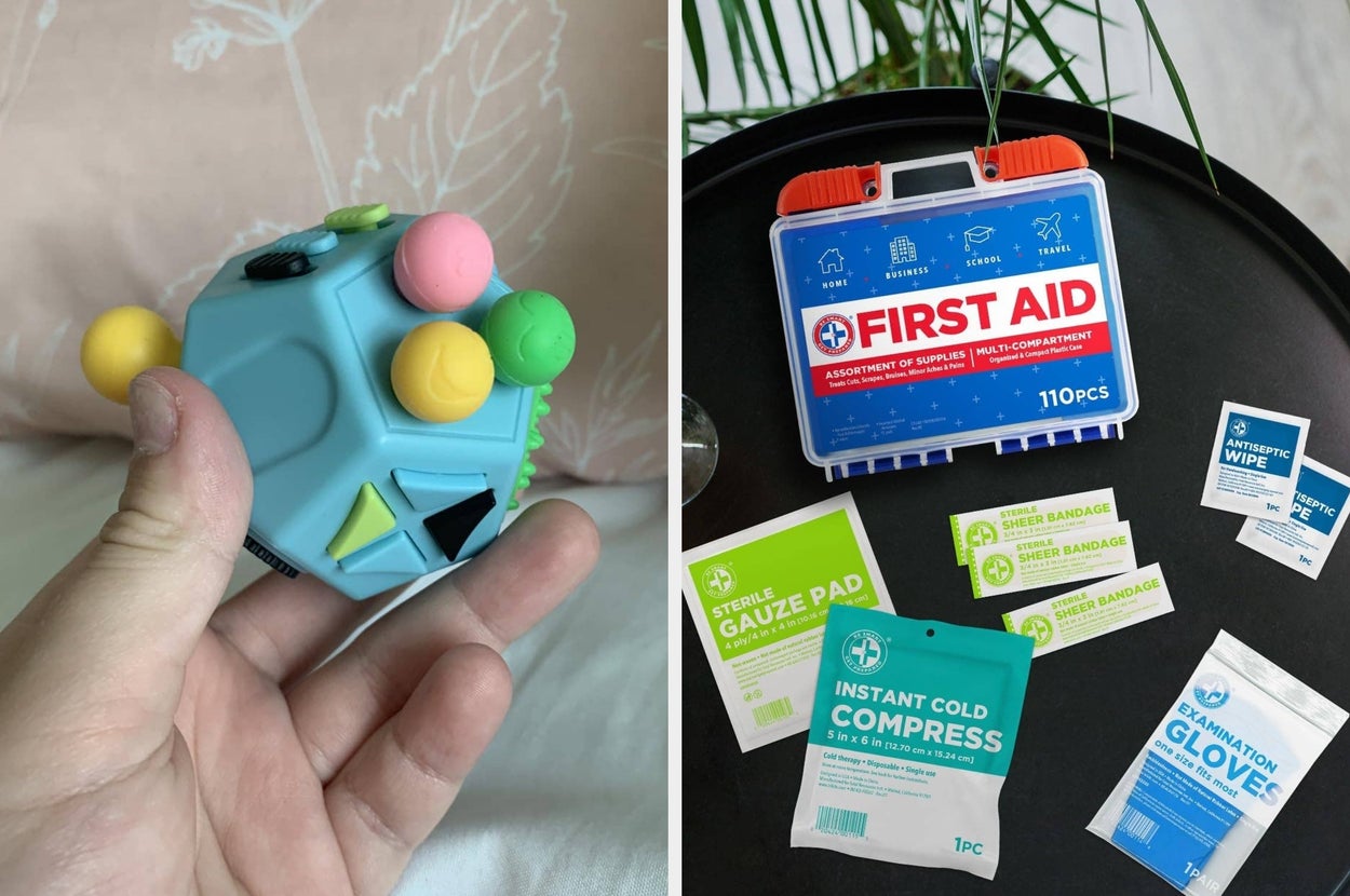 Keychain with a plush bunny and first aid kit with bandages, wipes, and instant cold compress on a table