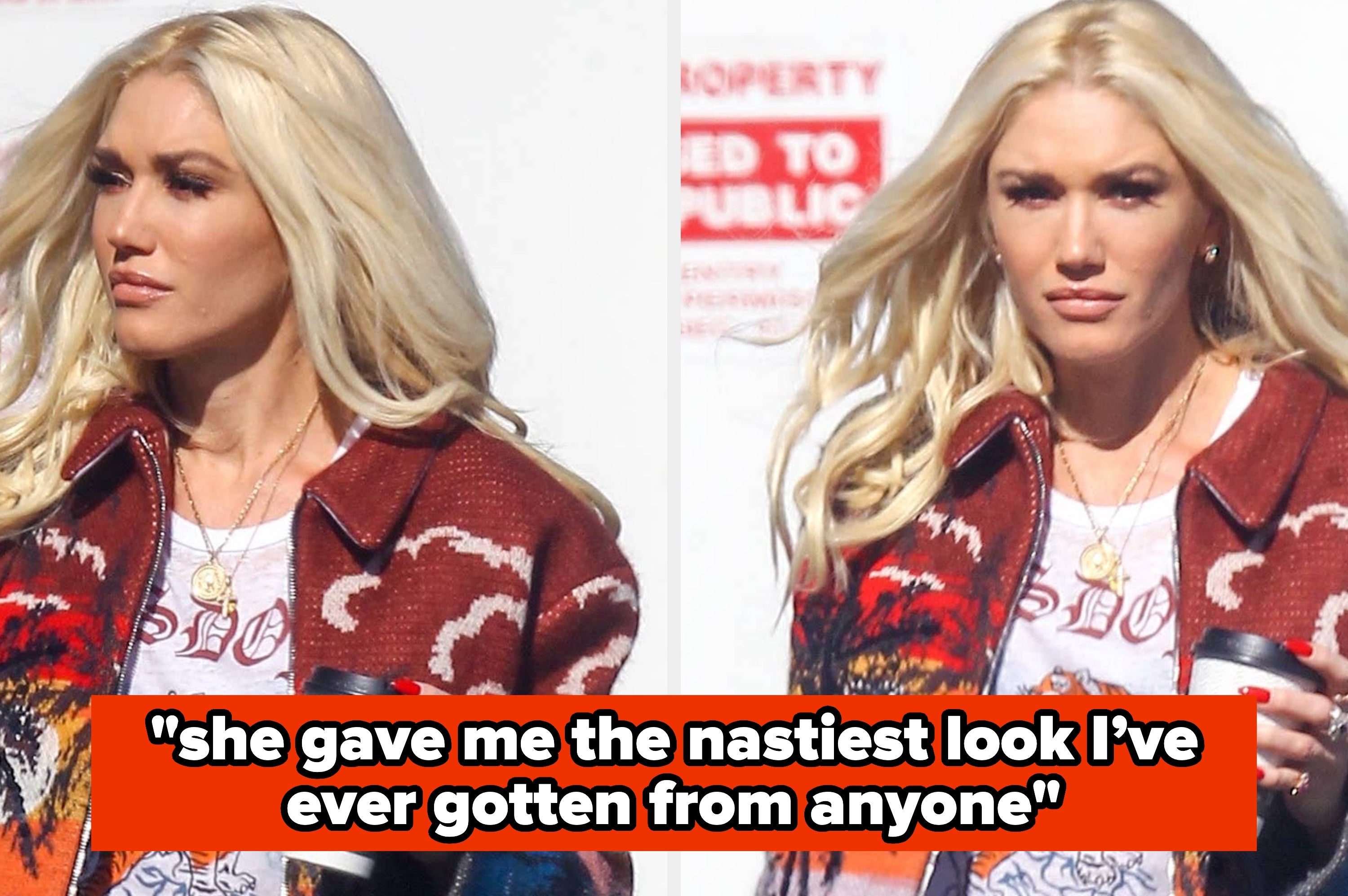 Two images of a woman in a stylish outfit outdoors with the caption, "She gave me the nastiest look I’ve ever gotten from anyone."