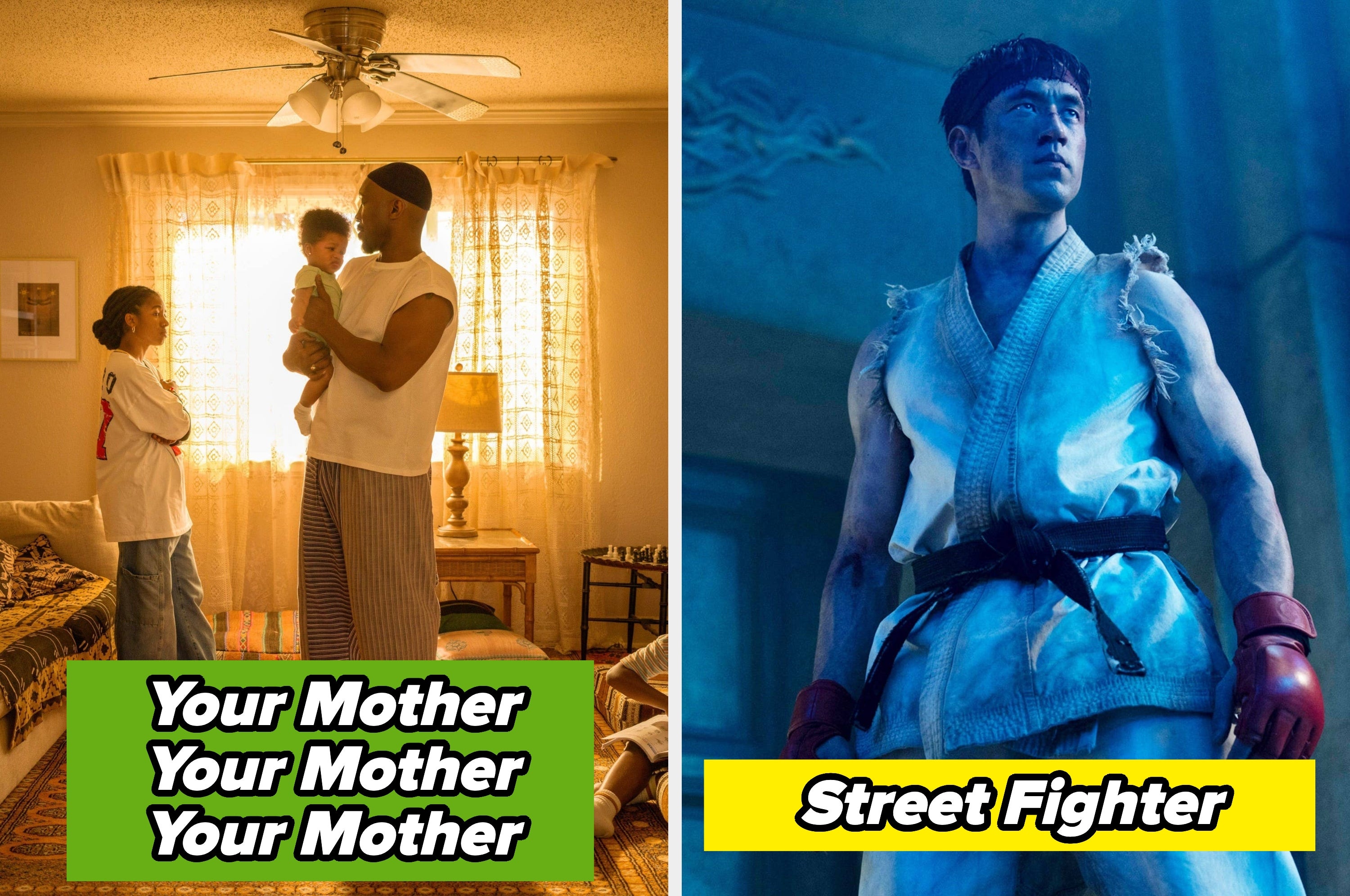 Two images: left shows a family in a warmly lit room; right shows a person dressed as a martial artist from "Street Fighter."