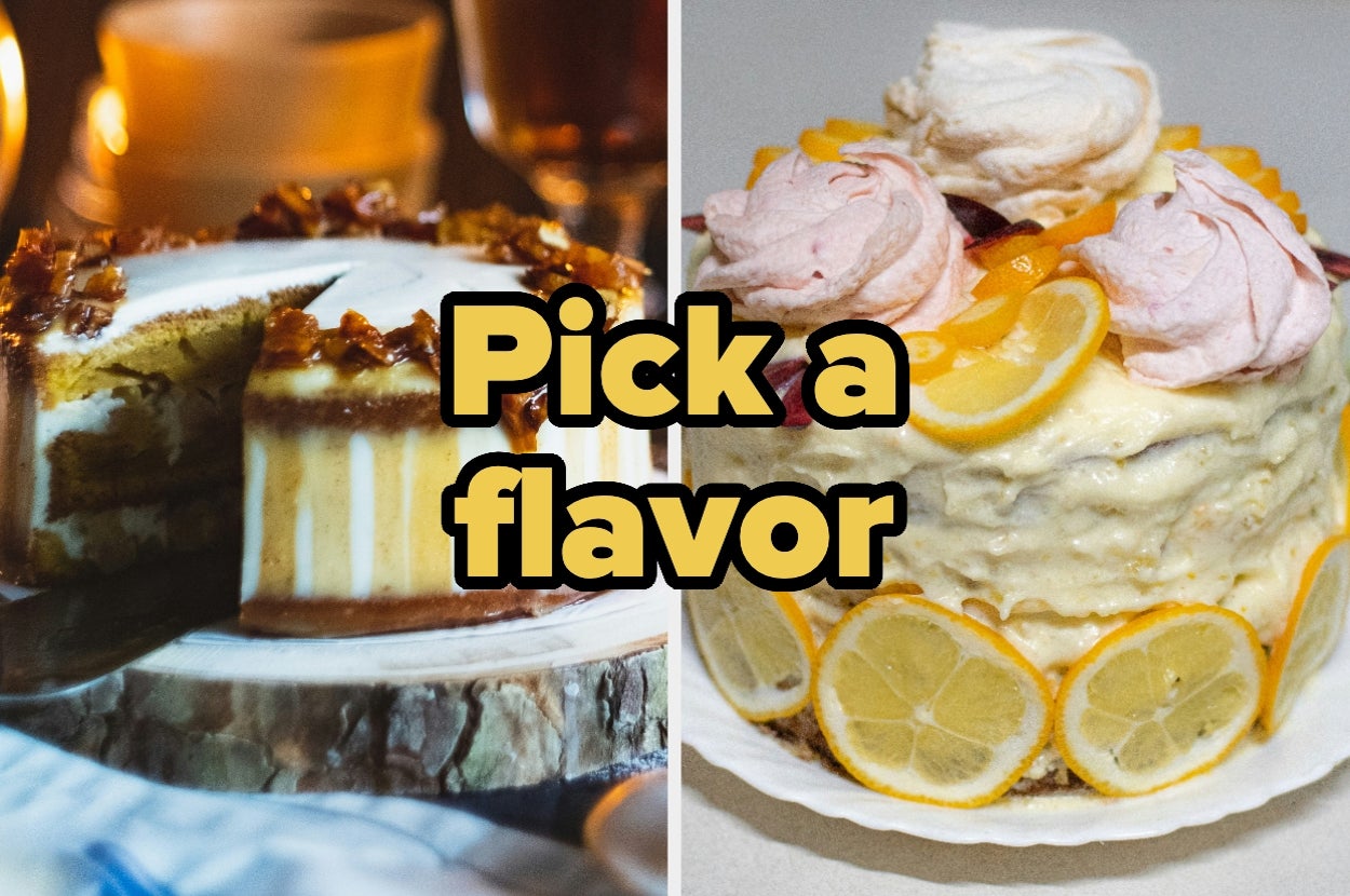 Two cakes on display: one with caramel topping, another with citrus and meringue decorations. Text reads "Pick a flavor."