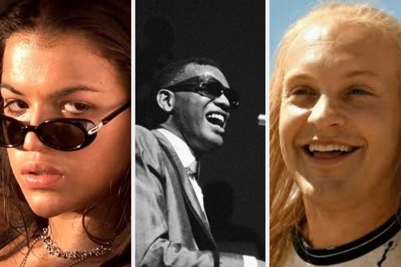 Three people: a person with small sunglasses, a historical figure wearing sunglasses while playing piano, and a smiling person outdoors
