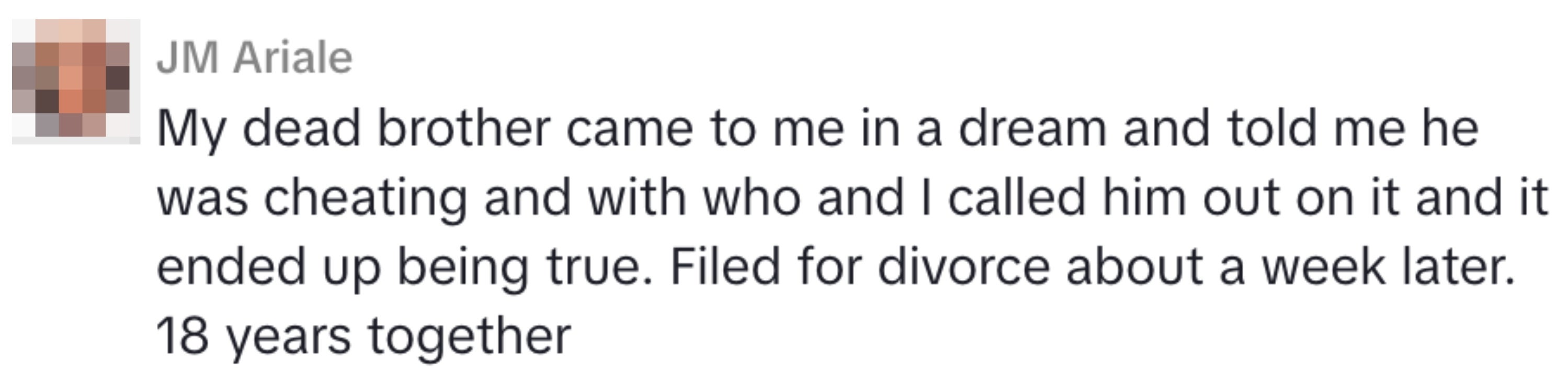Summary of a quote about a dream revealing infidelity, leading to filing for divorce after 18 years of marriage