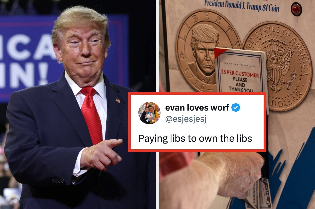 A well-known individual gestures alongside a meme tweet criticizing spending money on commemorative coins to upset political opponents