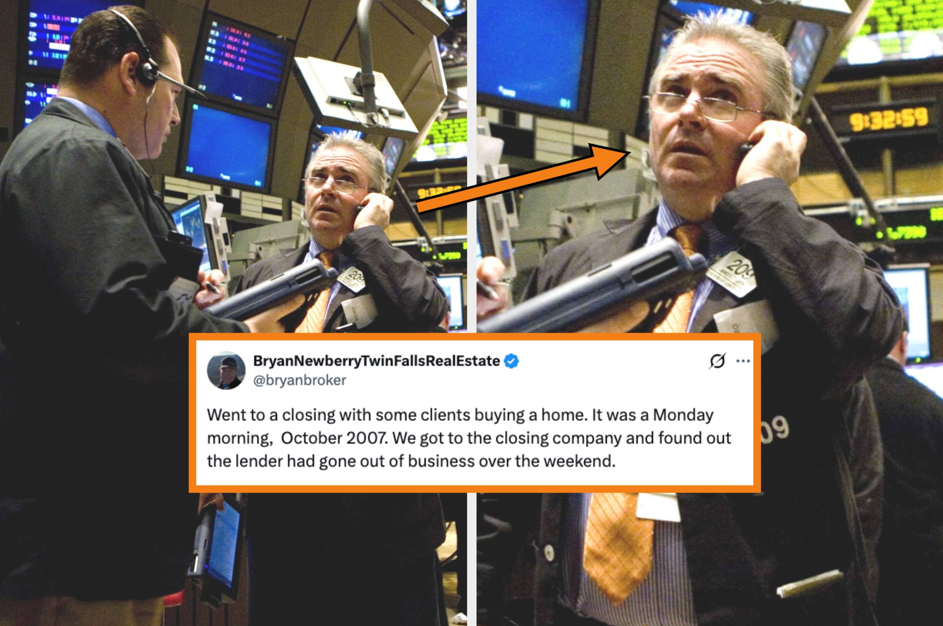 A person on the phone in a busy trading floor setting; tweet overlays with a story about a failed home purchase due to a lender's abrupt closure
