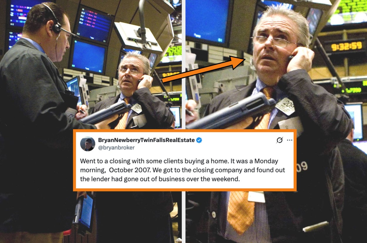 A person on the phone in a busy trading floor setting; tweet overlays with a story about a failed home purchase due to a lender's abrupt closure