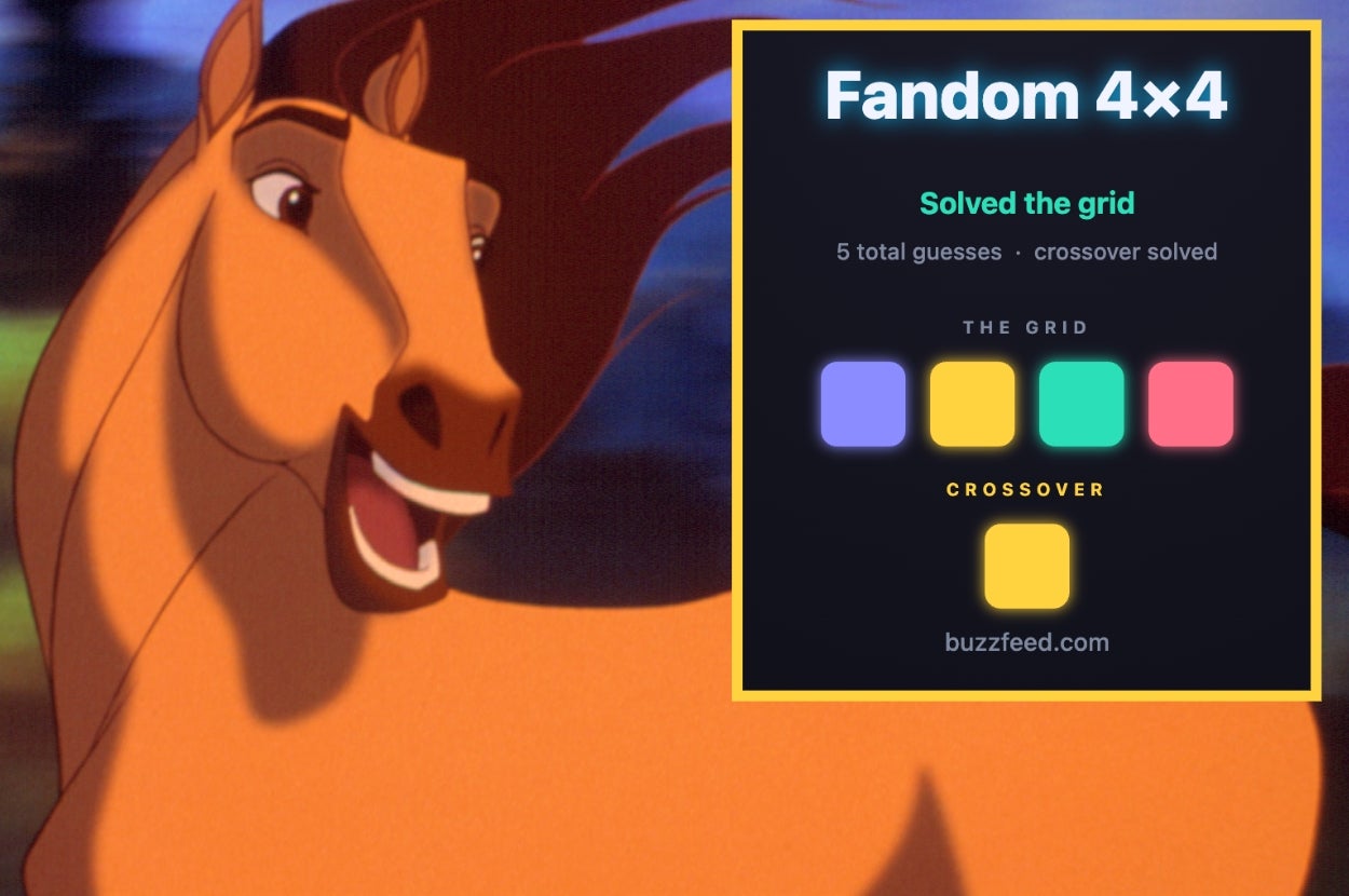 Animated horse with a happy expression next to a BuzzFeed game screen showing a solved 4x4 color grid puzzle with 5 guesses