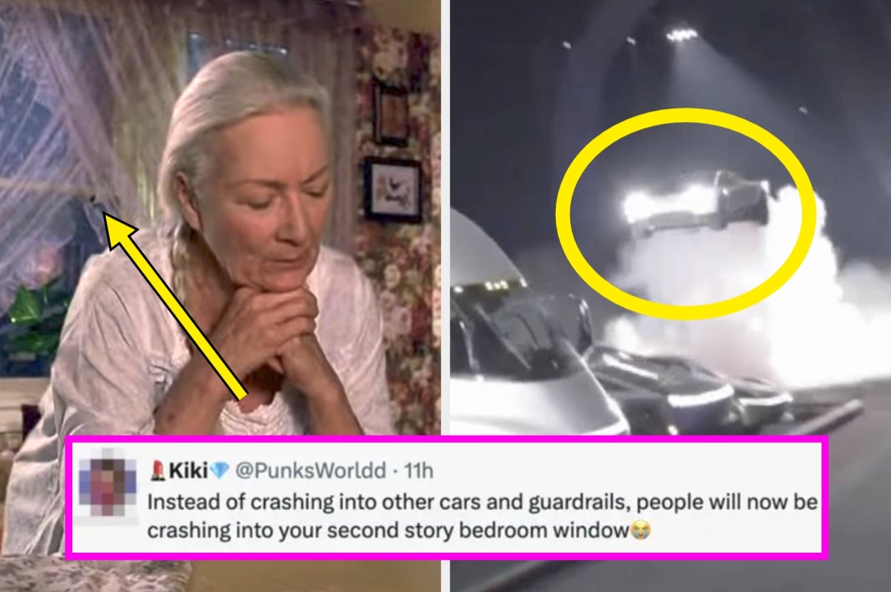 Elderly woman in prayer; image of car midair near buildings; tweet jokes about cars crashing into second-story windows
