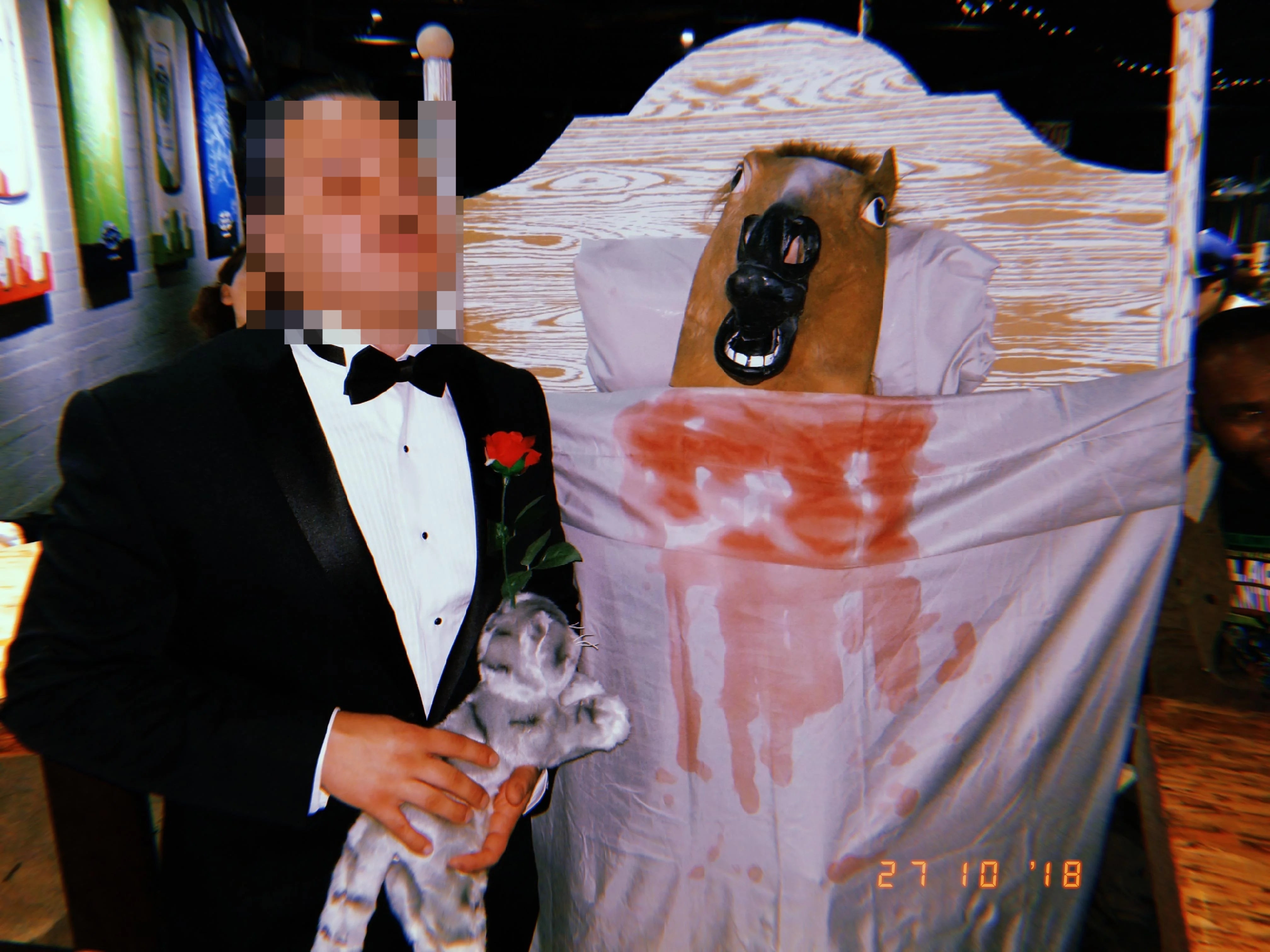 A idiosyncratic successful a tuxedo holds a roseate beside idiosyncratic dressed arsenic a equine successful a bed, featuring a playful costume theme