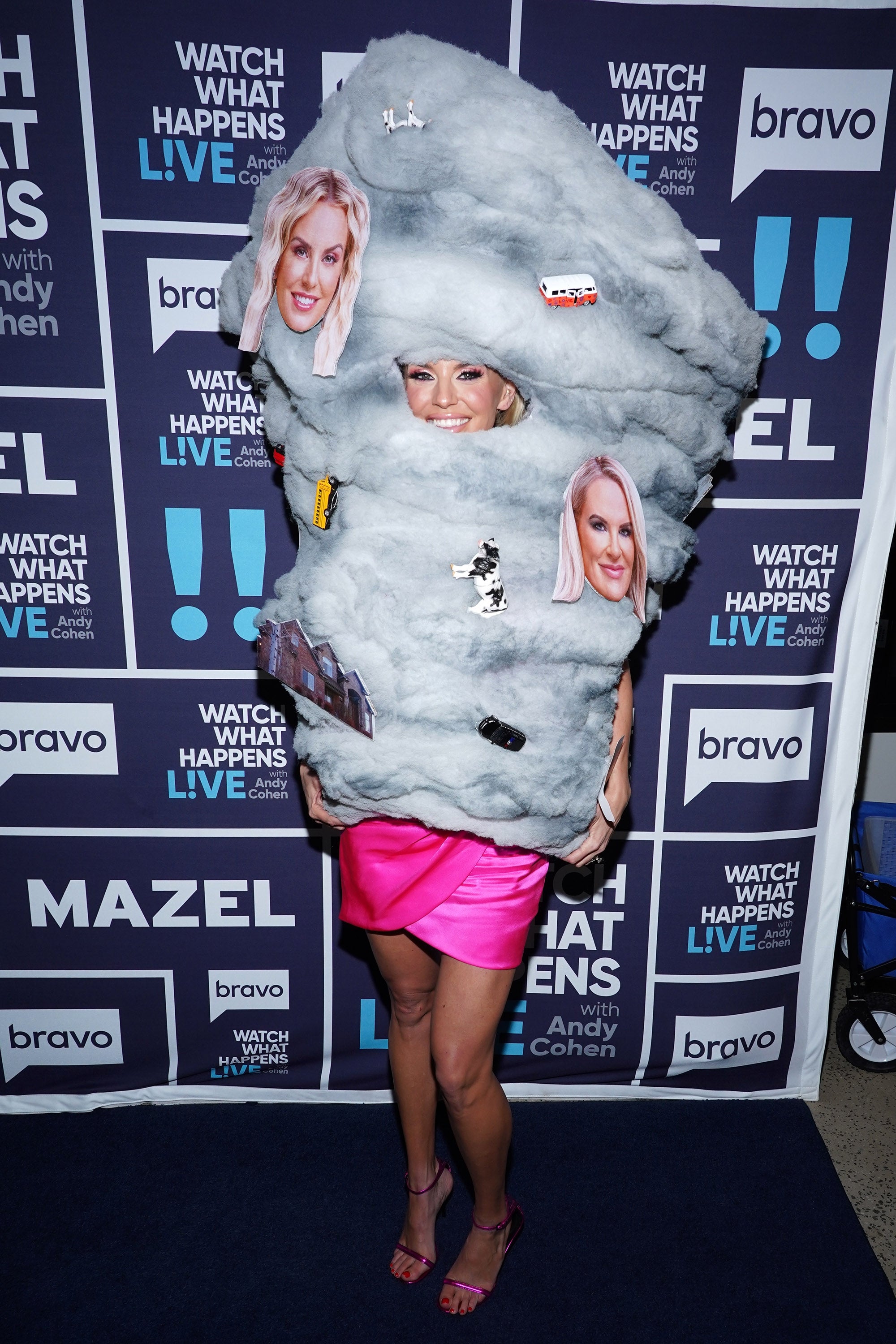 Person successful a fluffy, cloud-like costume with cutout photos attached, wearing a pinkish skirt astatine a media lawsuit backdrop