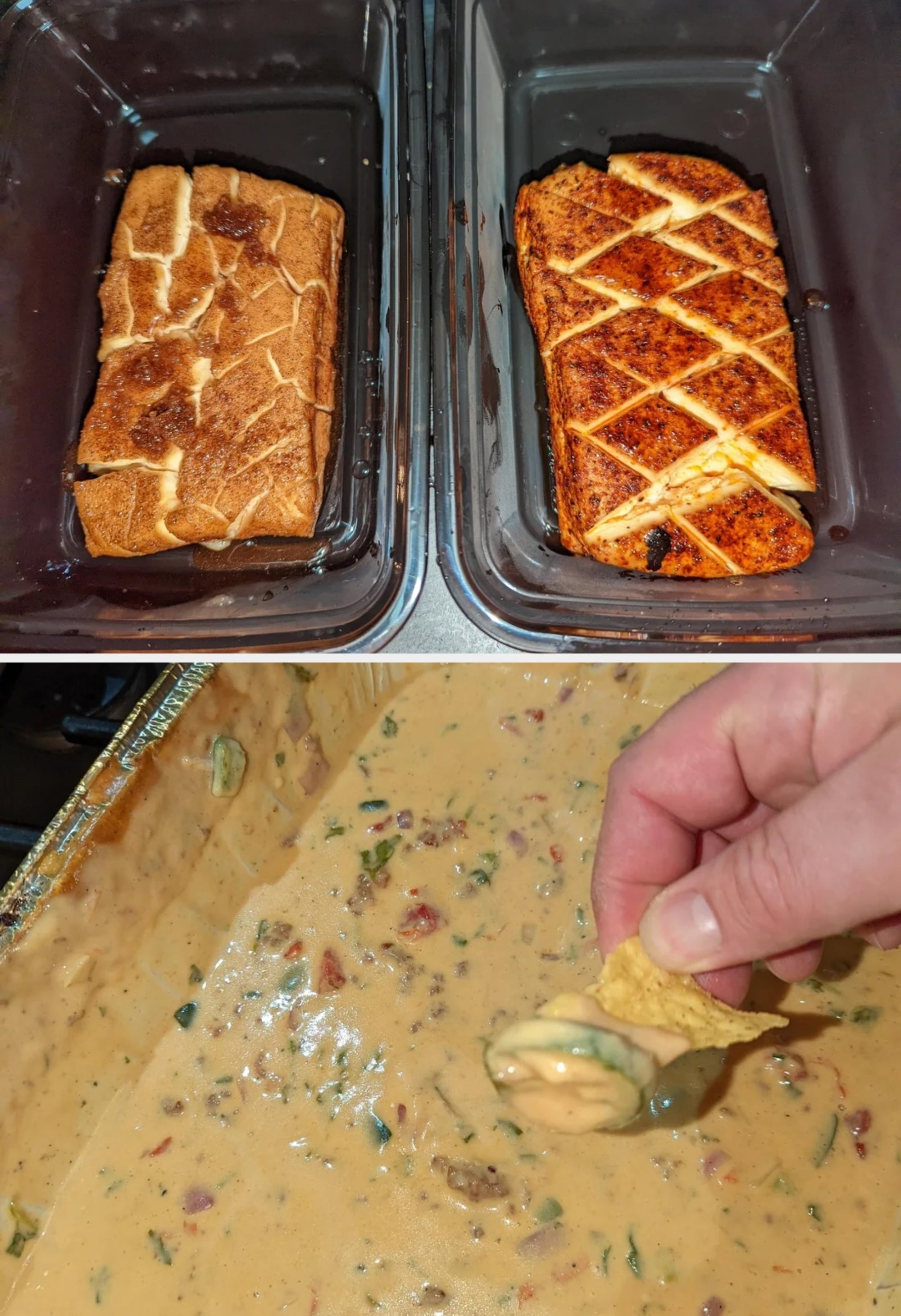 Two pieces of toasted bread with a patterned design next to a hand holding a chip dipping into creamy soup with vegetables