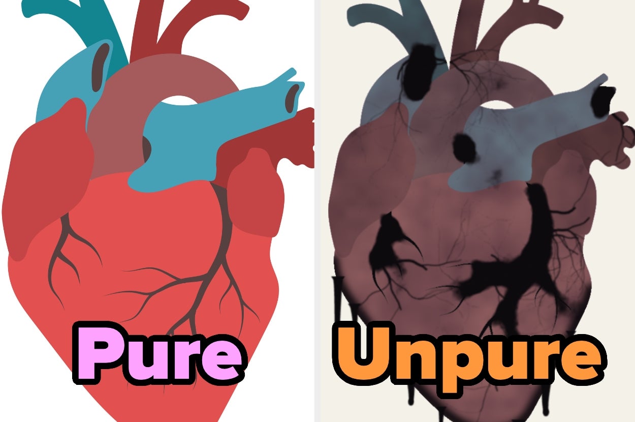 Illustration comparing a healthy heart labeled "Pure" with a damaged heart labeled "Unpure," highlighting health and lifestyle choices