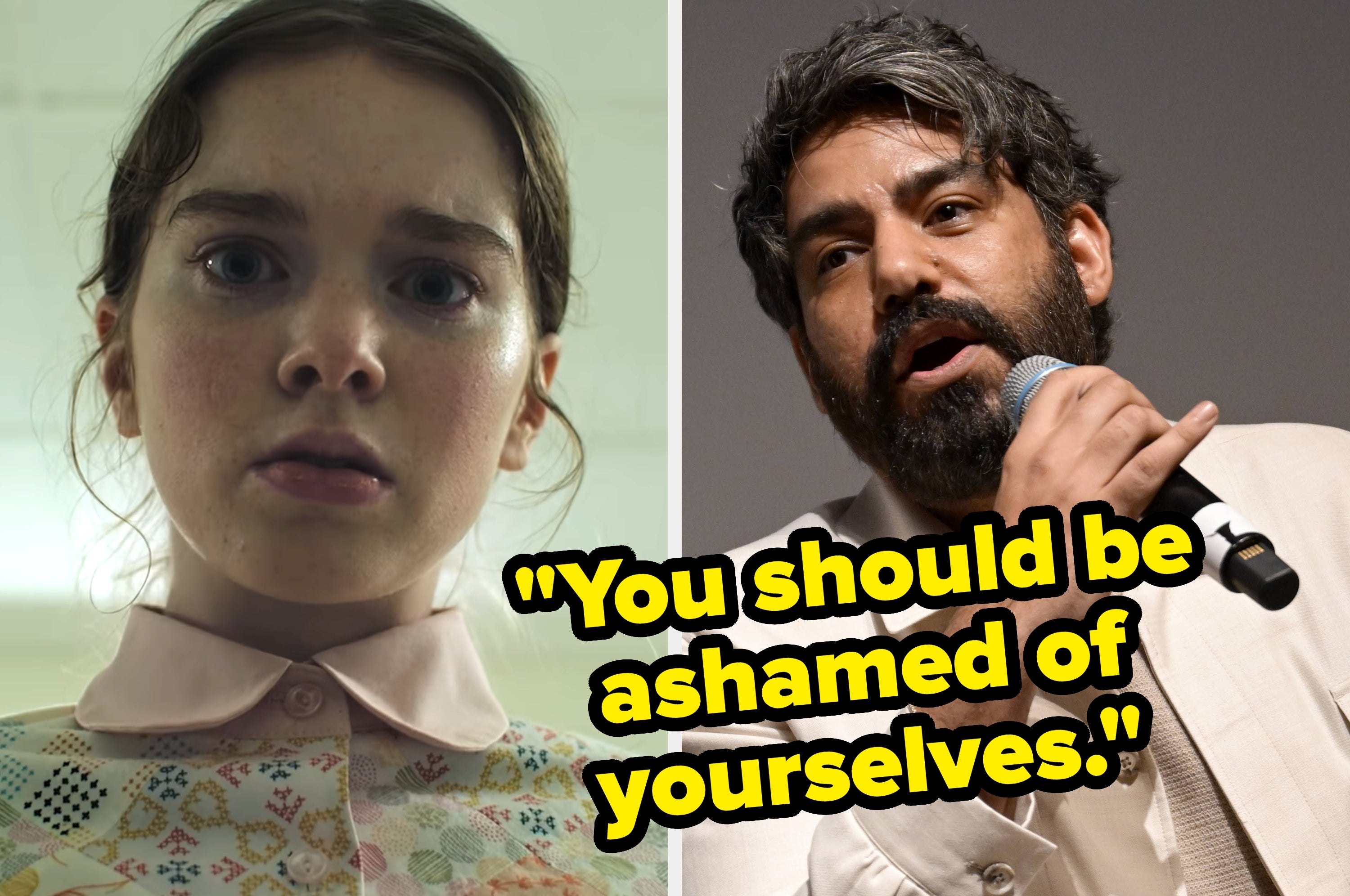 Rahul Kohli and Summer H. Howell speaking at separate events. Text overlay: "you should be ashamed of yourselves."