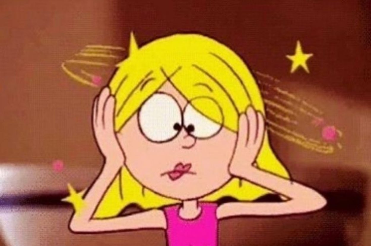 Cartoon character with blonde hair looks dizzy, holding head with swirling stars around it, suggesting confusion or disorientation