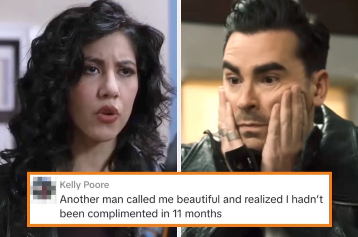 Two people react thoughtfully, each in separate frames. A text overlay reads: "Another man called me beautiful and realized I hadn’t been complimented in 11 months."