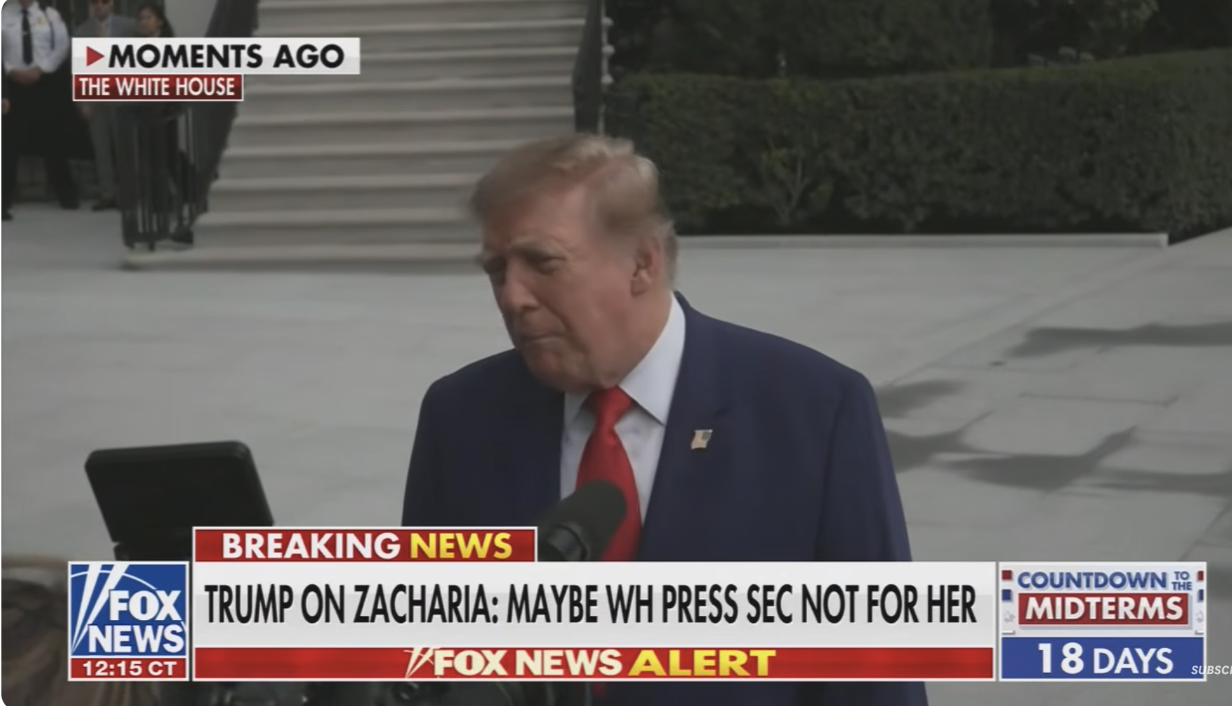 News broadcast representation  showing a antheral   successful  a suit   speaking outside. Caption beneath  discusses imaginable   White House property   caput   decision