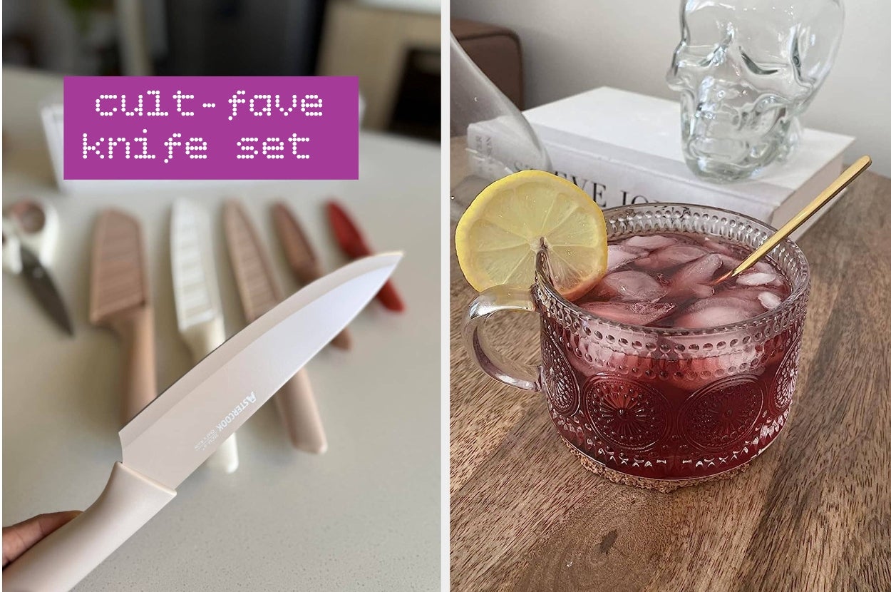 Knife set advertisement next to a glass mug with an iced beverage and lemon