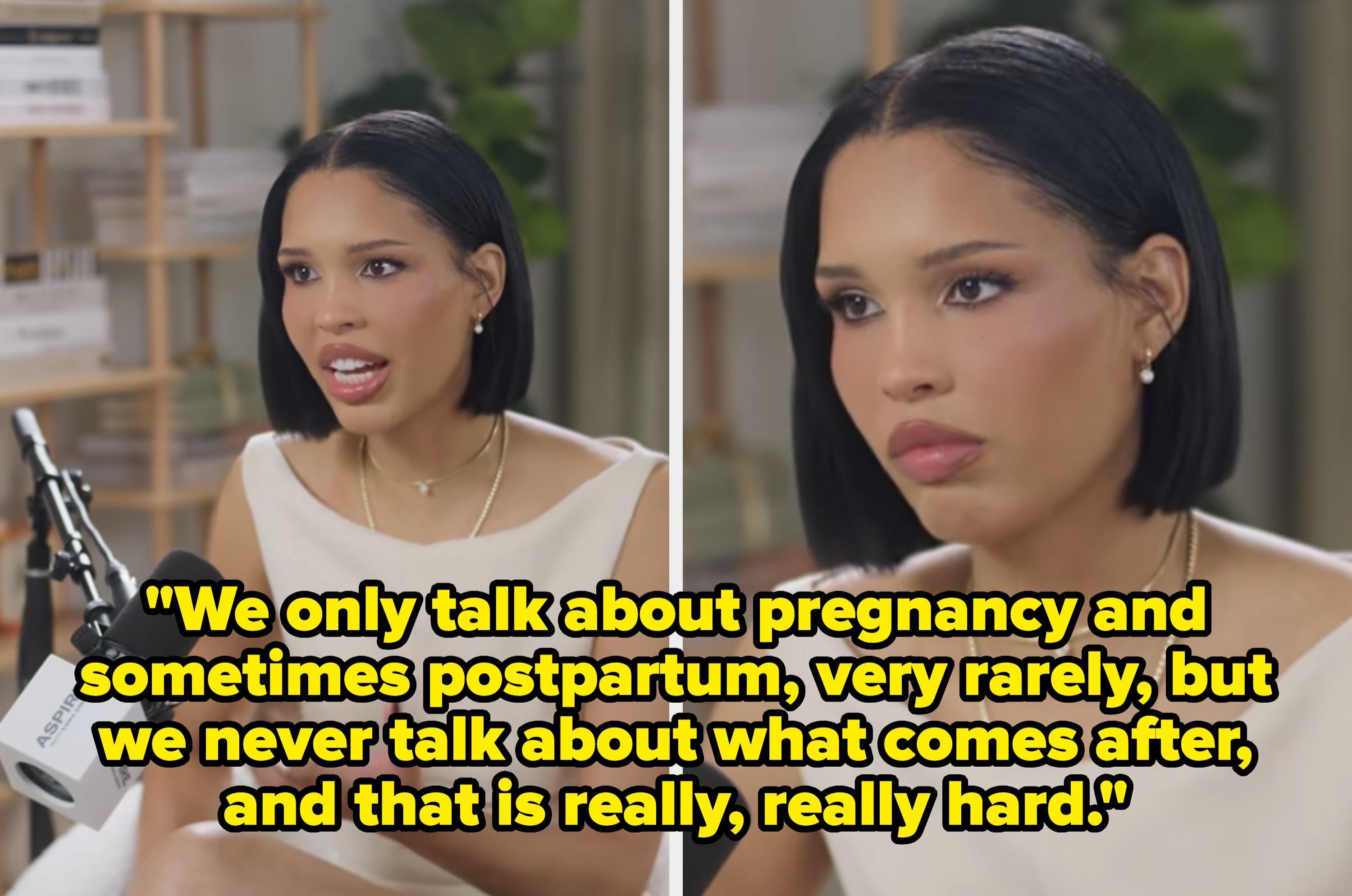 Woman speaking into a microphone about the challenges beyond pregnancy and postpartum; expresses the difficulty of these topics being seldom discussed
