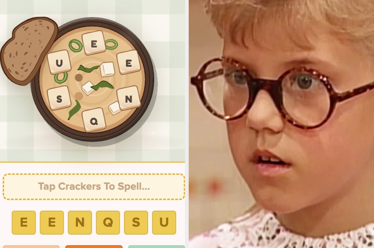 Game interface with soup and letter crackers for spelling; young person with round glasses looks surprised