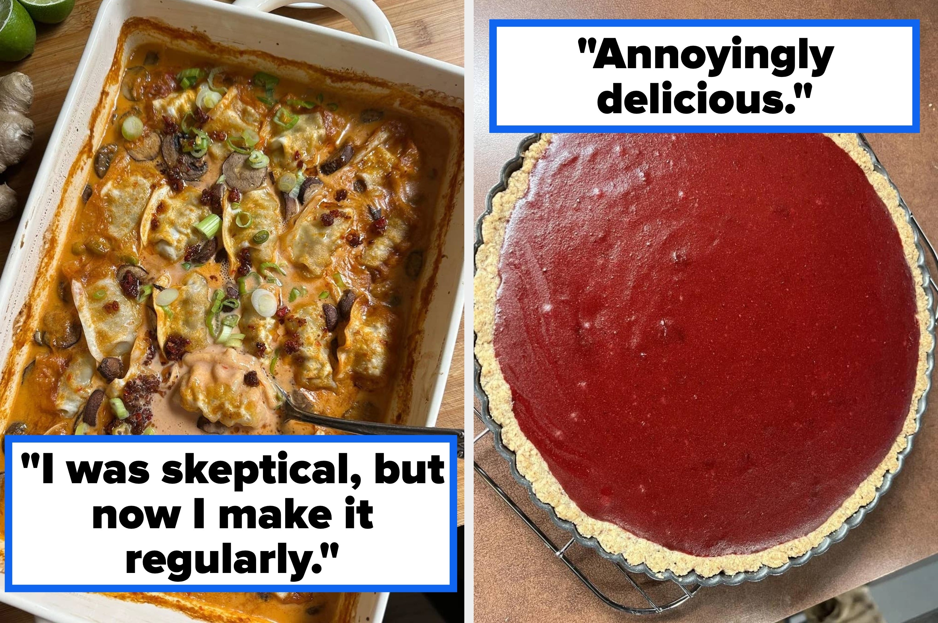Two dishes: a creamy mushroom and vegetable bake with herbs and spices, and a woven pastry filled with cheese. Text: "I was skeptical but now I make it regularly."