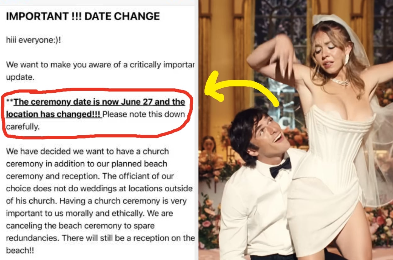 Flyer announcing important date change to June 27 for a beach ceremony, with a photo of a woman dancing with a man at a formal event