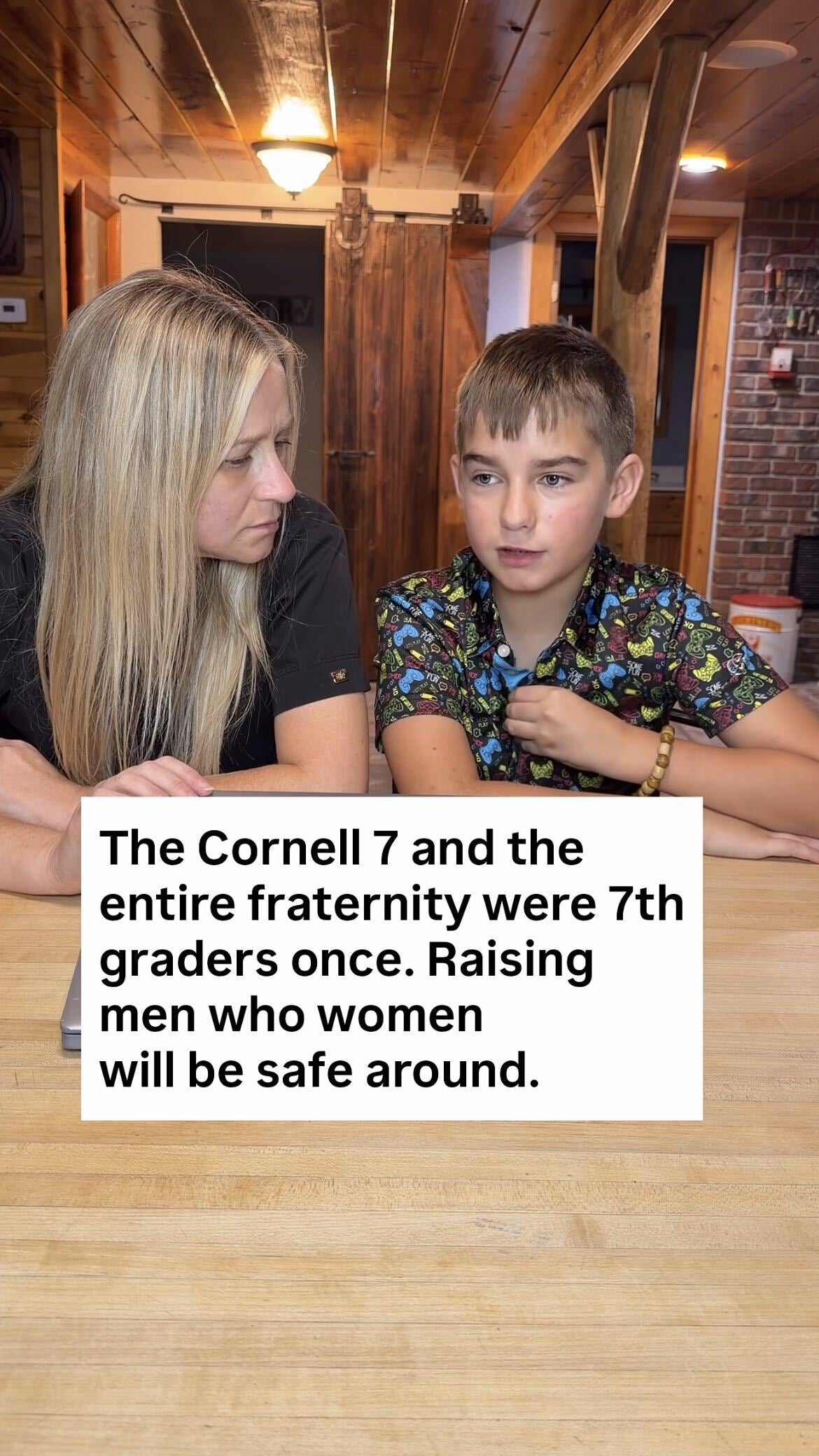 Woman and pre-teen boy sit at a table, engaged in conversation. Overlaid text discusses the Cornell 7 and raising respectful men