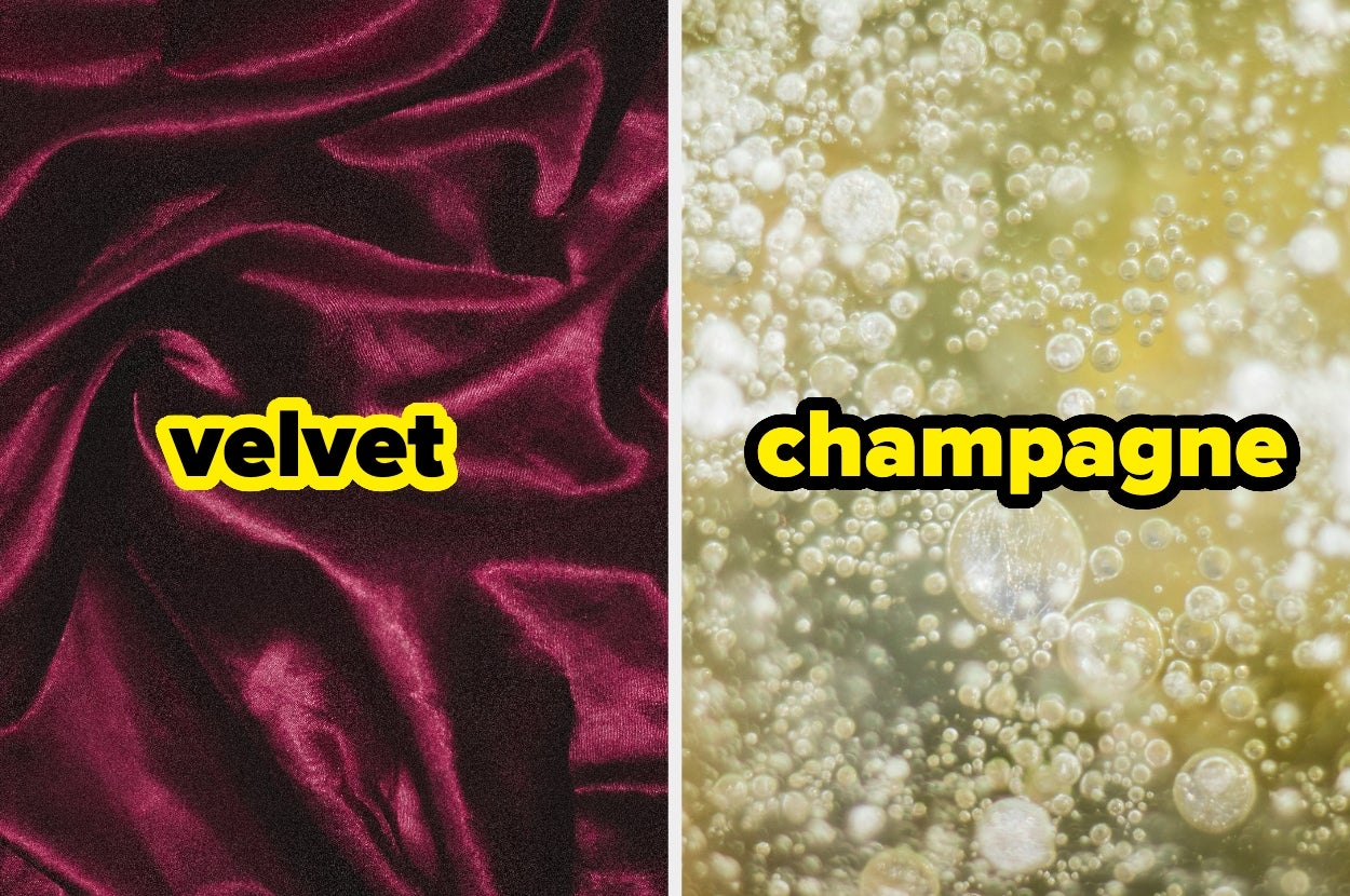 Close-up texture of velvet fabric on the left and fizzy champagne bubbles on the right, with labels "velvet" and "champagne."