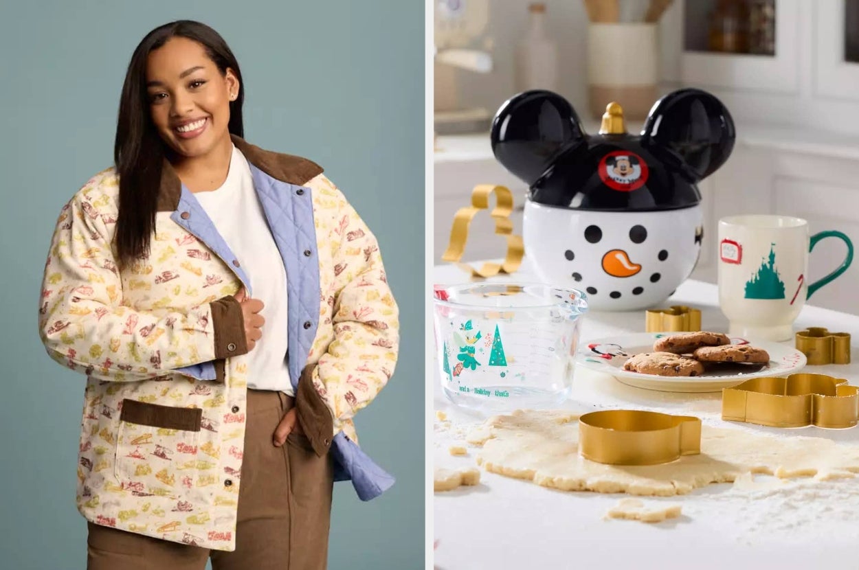 Person wearing a patterned jacket; a kitchen scene with cookie cutters, dough, and a Mickey Mouse snowman jar next to mugs and cookies