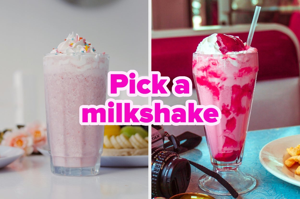 Two milkshakes: left is plain with whipped cream and sprinkles, right is pink with whipped cream and red drizzle. Text: "Pick a milkshake"
